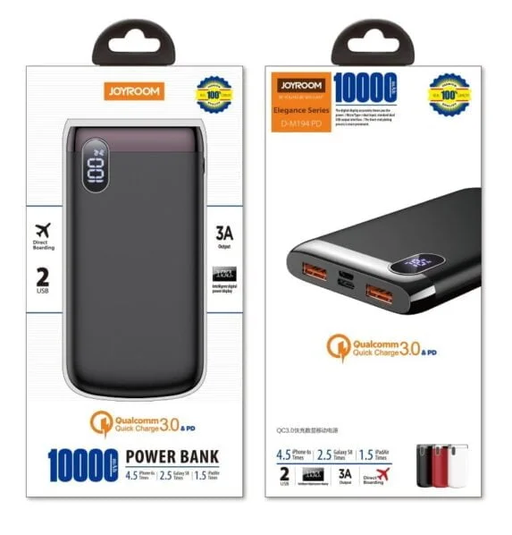 JOYROOM D-M194 (PD) Gezhi Series 10000mAh 18W Dual USB Outputs Type-C+PD+QC3.0 Power Bank - Black