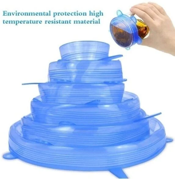 6Pcs Kitchen Silicone Stretch Bowl Cover Food Fresh Keeping Vacuum Sealed Lid - Blue