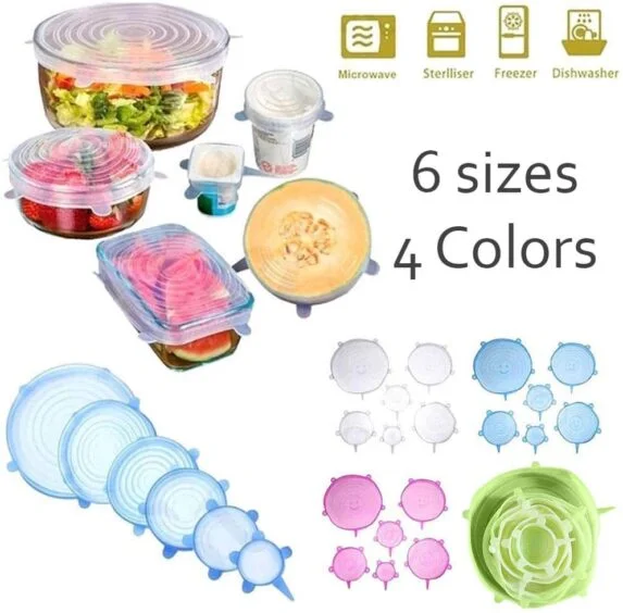6Pcs Kitchen Silicone Stretch Bowl Cover Food Fresh Keeping Vacuum Sealed Lid - Blue
