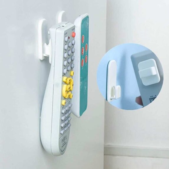 Remote Control Holder Hook, 2 Pcs Wall Mount Sticky Plastic Hooks with Strong Self Adhesive and Hanging Buckle, TV Air Conditioner Remote Control Keys Organizer Hanger
