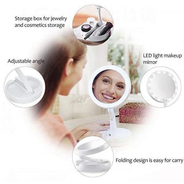 Foldable Portable Bathroom Makeup Mirror Magnifying LED Lighting 270 Degree Rotating
